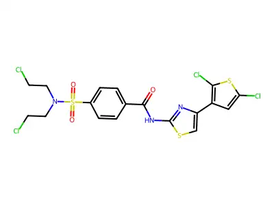 4-[bis(2-chloroethyl)sulfamoyl]-N-[4-(2,5-dichlorothiophen-3-yl)-1,3-thiazol-2-yl]benzamide structure