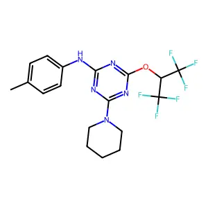 4-[(1,1,1,3,3,3-hexafluoropropan-2-yl)oxy]-N-(4-methylphenyl)-6-(piperidin-1-yl)-1,3,5-triazin-2-amine structure