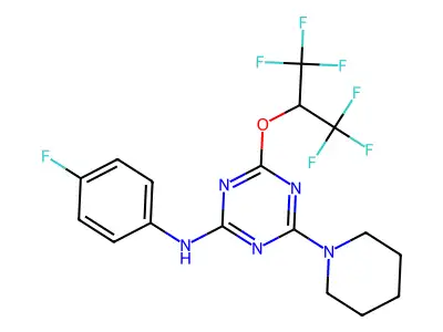 N-(4-fluorophenyl)-4-[(1,1,1,3,3,3-hexafluoropropan-2-yl)oxy]-6-(piperidin-1-yl)-1,3,5-triazin-2-amine structure