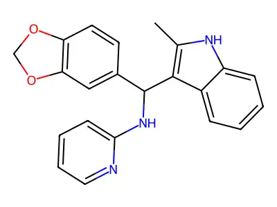 N-[1,3-benzodioxol-5-yl-(2-methyl-1H-indol-3-yl)methyl]pyridin-2-amine structure
