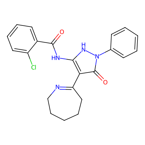 (Z)-N-((Z)-4-(azepan-2-ylidene)-5-oxo-1-phenylpyrazolidin-3-ylidene)-2-chlorobenzamide structure