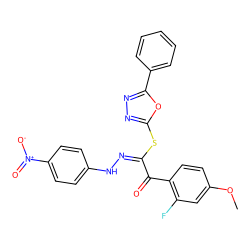 (5-phenyl-1,3,4-oxadiazol-2-yl) (1E)-2-(2-fluoro-4-methoxyphenyl)-N-(4-nitroanilino)-2-oxoethanimidothioate structure