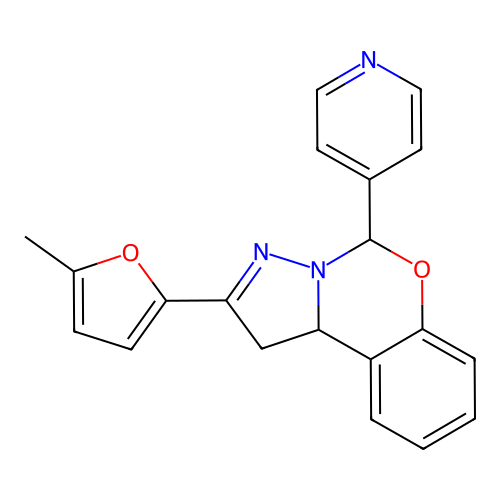 2-(5-methylfuran-2-yl)-5-(pyridin-4-yl)-1,10b-dihydropyrazolo[1,5-c][1,3]benzoxazine structure
