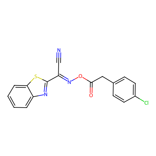[(E)-[1,3-benzothiazol-2-yl(cyano)methylidene]amino] 2-(4-chlorophenyl)acetate structure
