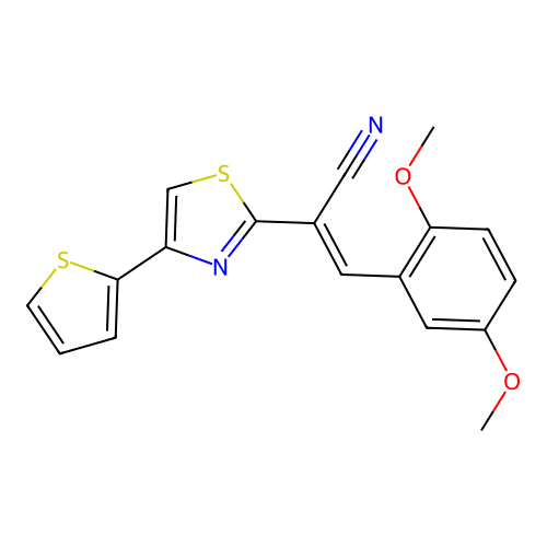 (2E)-3-(2,5-dimethoxyphenyl)-2-[4-(thiophen-2-yl)-1,3-thiazol-2-yl]prop-2-enenitrile structure
