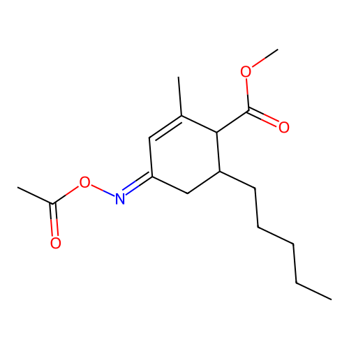 (Z)-methyl 4-(acetoxyimino)-2-methyl-6-pentylcyclohex-2-enecarboxylate structure