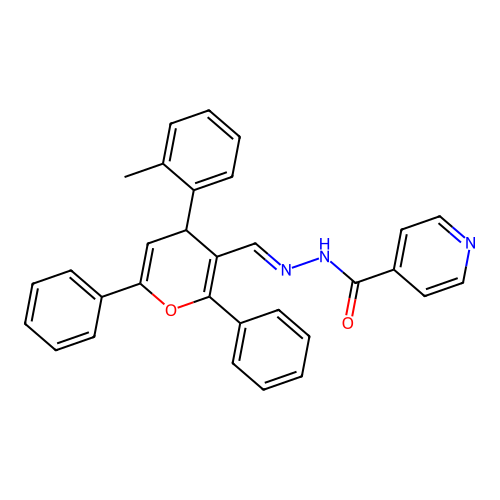 (E)-N'-((2,6-diphenyl-4-(o-tolyl)-4H-pyran-3-yl)methylene)isonicotinohydrazide structure