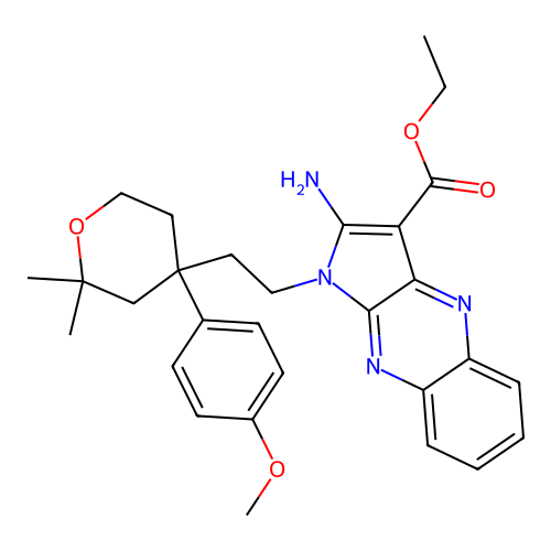 ethyl 2-amino-1-(2-(4-(4-methoxyphenyl)-2,2-dimethyltetrahydro-2H-pyran-4-yl)ethyl)-1H-pyrrolo[2,3-b]quinoxaline-3-carboxylate structure