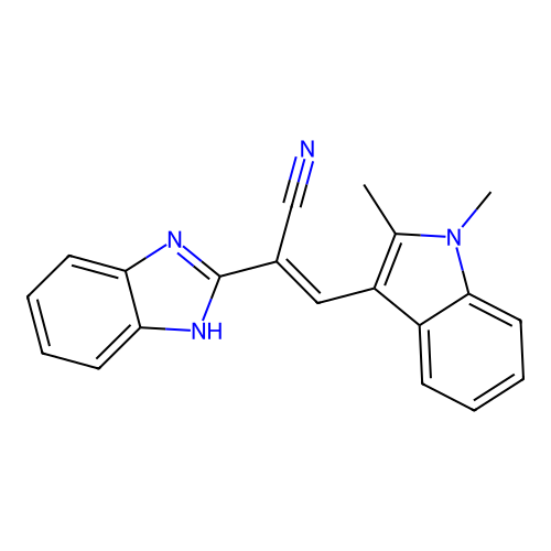 (2E)-2-(1H-benzimidazol-2-yl)-3-(1,2-dimethyl-1H-indol-3-yl)prop-2-enenitrile structure