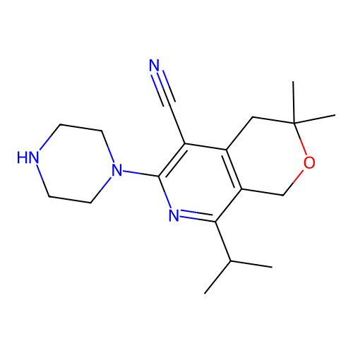 3,3-dimethyl-6-(piperazin-1-yl)-8-(propan-2-yl)-3,4-dihydro-1H-pyrano[3,4-c]pyridine-5-carbonitrile structure