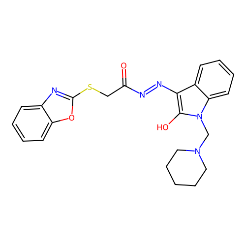 2-benzooxazol-2-ylsulfanyl-N-[[2-oxo-1-(1-piperidylmethyl)indol-3-ylidene]amino]acetamide structure