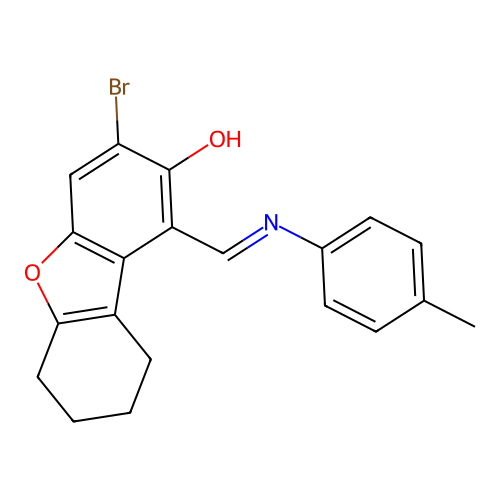 (E)-3-bromo-1-((p-tolylimino)methyl)-6,7,8,9-tetrahydrodibenzo[b,d]furan-2-ol structure