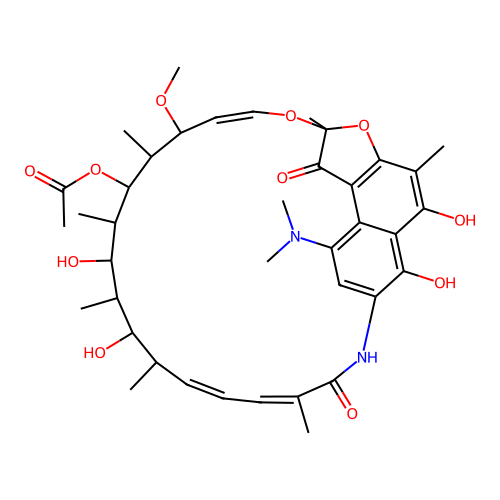 (12Z,14Z,24Z)-9-(Dimethylamino)-5,6,17,19-tetrahydroxy-23-methoxy-2,4,12,16,18,20,22-heptamethyl-1,11-dioxo-1,2-dihydro-2,7-(epoxypentadeca[1,11,13]trienoimino)naphtho[2,1-b]furan-21-yl acetate structure