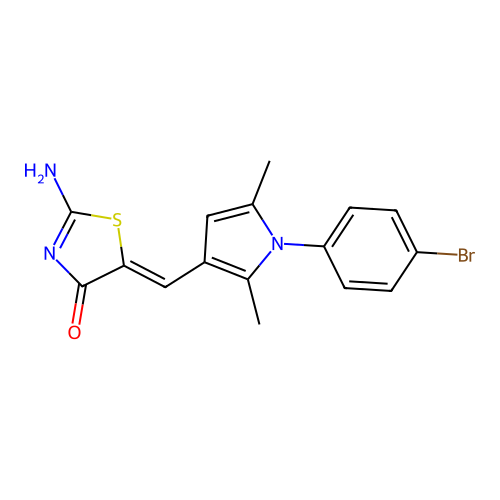 2-amino-5-[[1-(4-bromophenyl)-2,5-dimethylpyrrol-3-yl]methylidene]-1,3-thiazol-4-one structure