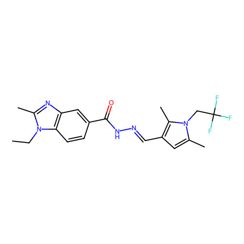N-[(E)-[2,5-dimethyl-1-(2,2,2-trifluoroethyl)pyrrol-3-yl]methylideneamino]-1-ethyl-2-methylbenzimidazole-5-carboxamide structure