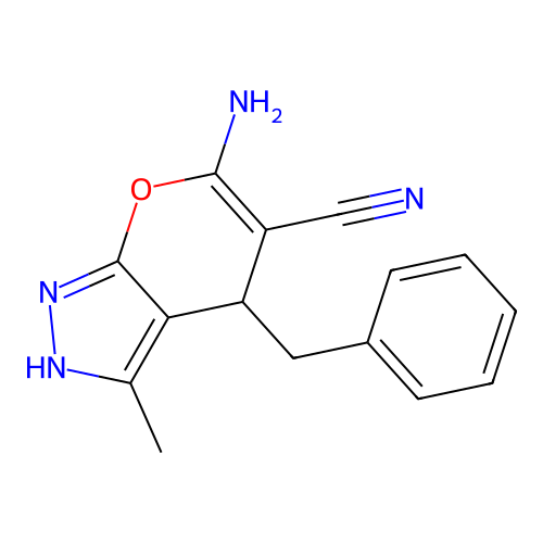 6-Amino-4-benzyl-3-methyl-1,4-dihydropyrano[2,3-c]pyrazole-5-carbonitrile structure