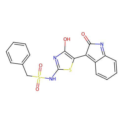 (E)-N-((E)-4-oxo-5-(2-oxoindolin-3-ylidene)thiazolidin-2-ylidene)-1-phenylmethanesulfonamide structure