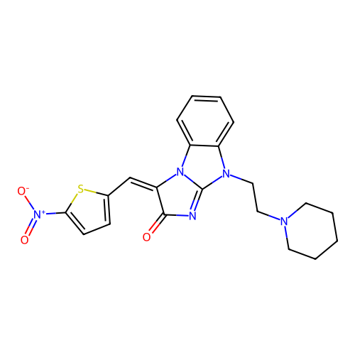 (E)-3-((5-nitrothiophen-2-yl)methylene)-9-(2-(piperidin-1-yl)ethyl)-3,9-dihydro-2H-benzo[d]imidazo[1,2-a]imidazol-2-one structure