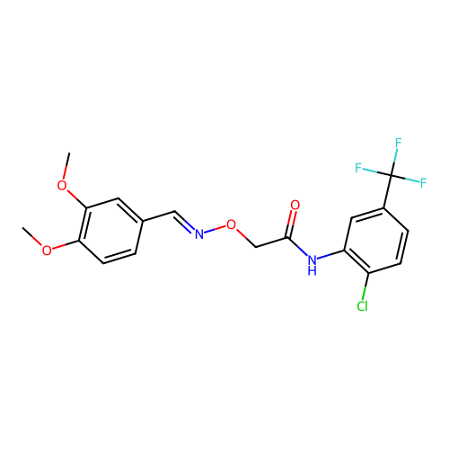 N-[2-chloro-5-(trifluoromethyl)phenyl]-2-[(E)-(3,4-dimethoxyphenyl)methylideneamino]oxyacetamide structure