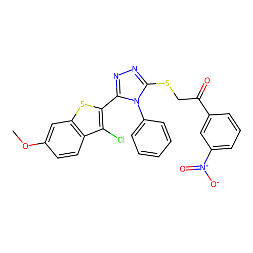 2-((5-(3-chloro-6-methoxybenzo[b]thiophen-2-yl)-4-phenyl-4H-1,2,4-triazol-3-yl)thio)-1-(3-nitrophenyl)ethanone structure