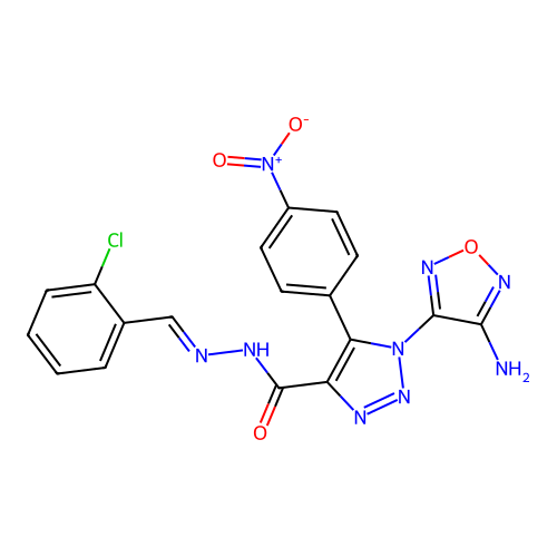 (E)-1-(4-amino-1,2,5-oxadiazol-3-yl)-N'-(2-chlorobenzylidene)-5-(4-nitrophenyl)-1H-1,2,3-triazole-4-carbohydrazide structure