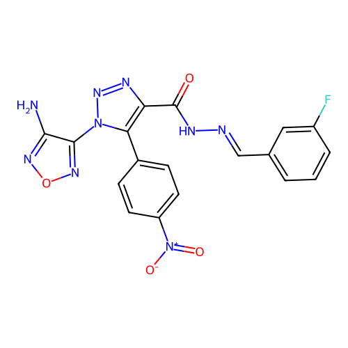 (E)-1-(4-amino-1,2,5-oxadiazol-3-yl)-N'-(3-fluorobenzylidene)-5-(4-nitrophenyl)-1H-1,2,3-triazole-4-carbohydrazide structure