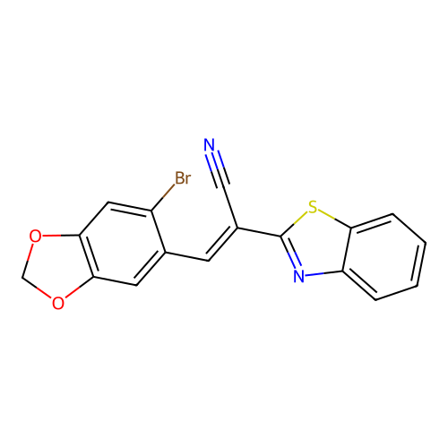 (2E)-2-(1,3-benzothiazol-2-yl)-3-(6-bromo-1,3-benzodioxol-5-yl)prop-2-enenitrile structure