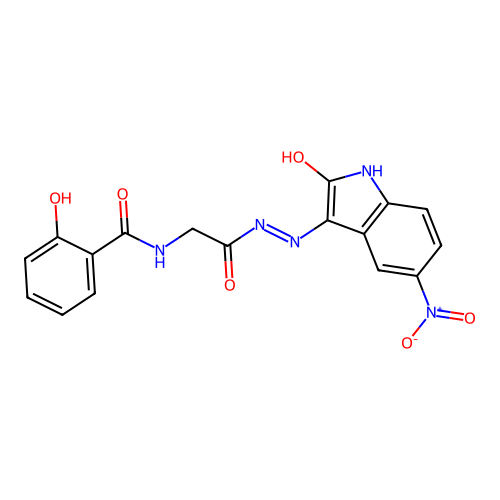 2-hydroxy-N-[[(5-nitro-2-oxo-indol-3-yl)amino]carbamoylmethyl]benzamide structure