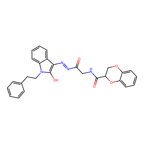 (Z)-N-(2-oxo-2-(2-(2-oxo-1-phenethylindolin-3-ylidene)hydrazinyl)ethyl)-2,3-dihydrobenzo[b][1,4]dioxine-2-carboxamide structure