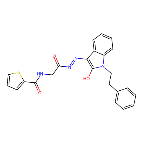 N-[[(2-oxo-1-phenethyl-indol-3-ylidene)amino]carbamoylmethyl]thiophene-2-carboxamide structure