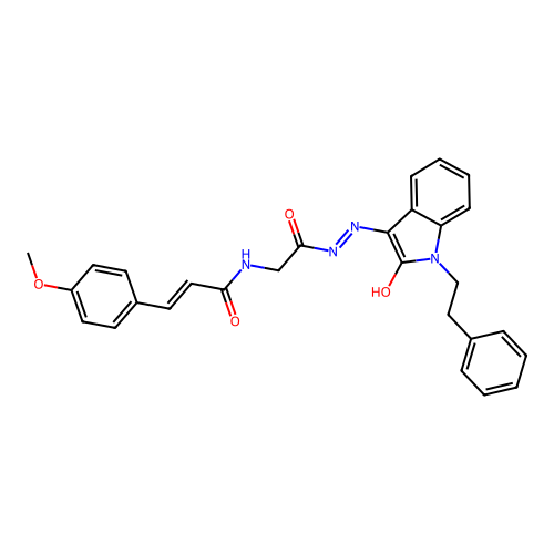 (2E)-3-(4-methoxyphenyl)-N-(2-oxo-2-{(2Z)-2-[2-oxo-1-(2-phenylethyl)-1,2-dihydro-3H-indol-3-ylidene]hydrazinyl}ethyl)prop-2-enamide (non-preferred name) structure