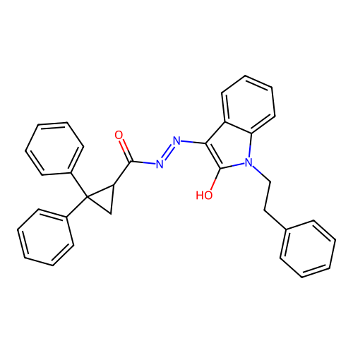 N'-[(3Z)-2-oxo-1-(2-phenylethyl)-1,2-dihydro-3H-indol-3-ylidene]-2,2-diphenylcyclopropanecarbohydrazide structure