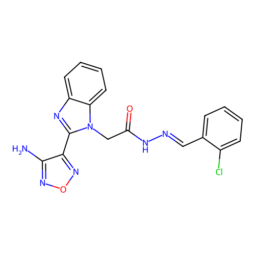 (E)-2-(2-(4-amino-1,2,5-oxadiazol-3-yl)-1H-benzo[d]imidazol-1-yl)-N'-(2-chlorobenzylidene)acetohydrazide structure