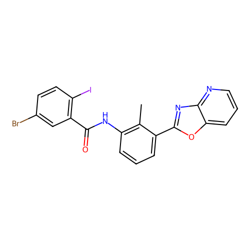 5-bromo-2-iodo-N-[2-methyl-3-([1,3]oxazolo[4,5-b]pyridin-2-yl)phenyl]benzamide structure
