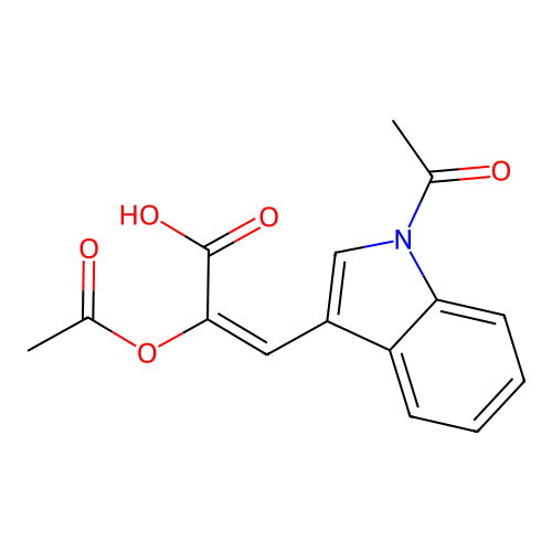 (2E)-3-(1-acetyl-1H-indol-3-yl)-2-(acetyloxy)prop-2-enoic acid structure