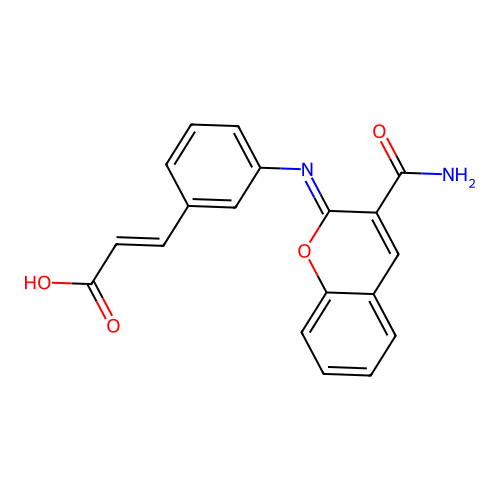 (2E)-3-(3-{[(2Z)-3-carbamoyl-2H-chromen-2-ylidene]amino}phenyl)prop-2-enoic acid structure