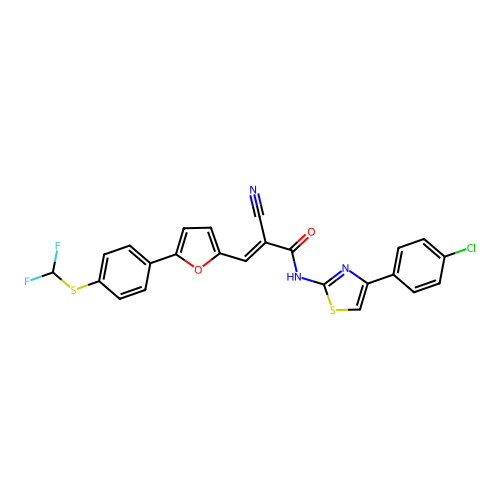 (E)-N-[4-(4-chlorophenyl)-1,3-thiazol-2-yl]-2-cyano-3-[5-[4-(difluoromethylsulfanyl)phenyl]furan-2-yl]prop-2-enamide structure