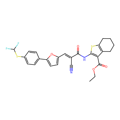 ethyl 2-[[(E)-2-cyano-3-[5-[4-(difluoromethylsulfanyl)phenyl]furan-2-yl]prop-2-enoyl]amino]-4,5,6,7-tetrahydro-1-benzothiophene-3-carboxylate structure