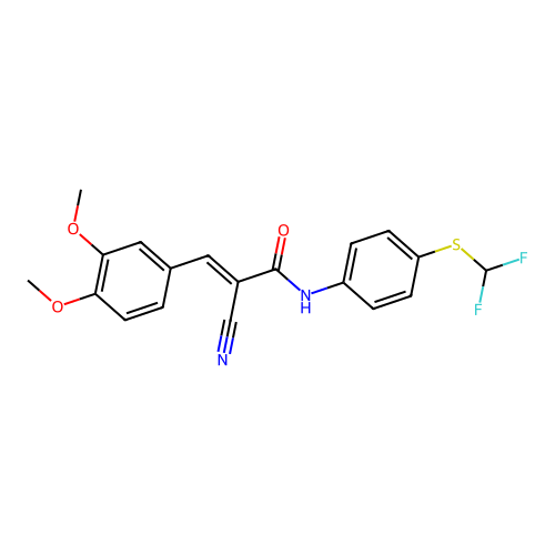 (E)-2-cyano-N-[4-(difluoromethylsulfanyl)phenyl]-3-(3,4-dimethoxyphenyl)prop-2-enamide structure