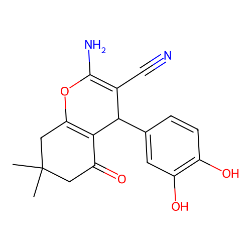 2-amino-4-(3,4-dihydroxyphenyl)-7,7-dimethyl-5-oxo-5,6,7,8-tetrahydro-4H-chromene-3-carbonitrile structure