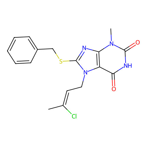 8-Benzylsulfanyl-7-(3-chloro-but-2-enyl)-3-methyl-3,7-dihydro-purine-2,6-dione structure