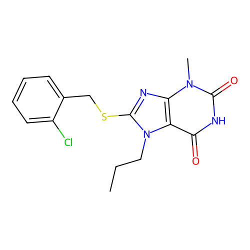 8-[(2-chlorobenzyl)sulfanyl]-3-methyl-7-propyl-3,7-dihydro-1H-purine-2,6-dione structure