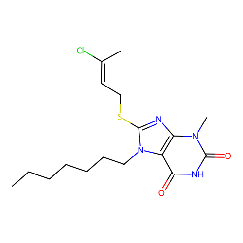 8-(3-Chloro-but-2-enylsulfanyl)-7-heptyl-3-methyl-3,7-dihydro-purine-2,6-dione structure