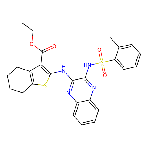 ethyl 2-((3-(2-methylphenylsulfonamido)quinoxalin-2-yl)amino)-4,5,6,7-tetrahydrobenzo[b]thiophene-3-carboxylate structure