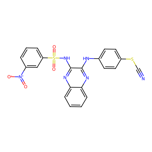 4-[(3-{[(3-Nitrophenyl)sulfonyl]amino}quinoxalin-2-yl)amino]phenyl thiocyanate structure