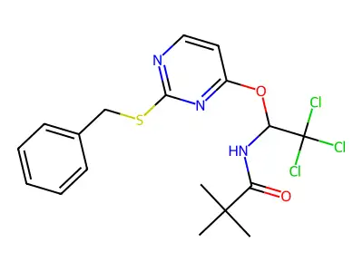 N-[1-(2-benzylsulfanylpyrimidin-4-yl)oxy-2,2,2-trichloroethyl]-2,2-dimethylpropanamide structure