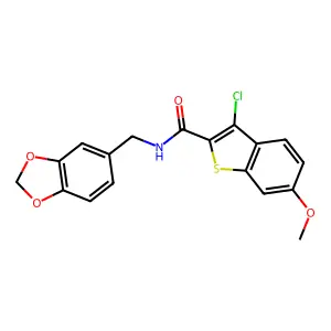 N-(1,3-benzodioxol-5-ylmethyl)-3-chloro-6-methoxy-1-benzothiophene-2-carboxamide structure