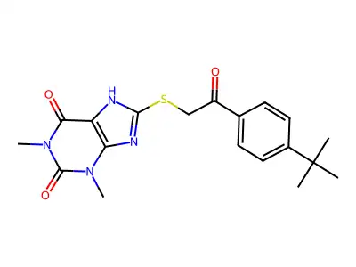 8-[2-(4-tert-butylphenyl)-2-oxoethyl]sulfanyl-1,3-dimethyl-7H-purine-2,6-dione structure