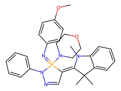 1H-Indole, 2,3-dihydro-1,3,3-trimethyl-2-[2,3,3,3-tetrahydro-3-[(4-methoxyphenyl)imino]-3-(4-morpholinyl)-2-phenyl-4H-1,2,3-diazaphosphol-4-ylidene]- structure