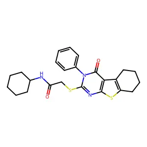 N-cyclohexyl-2-[(4-oxo-3-phenyl-3,4,5,6,7,8-hexahydro[1]benzothieno[2,3-d]pyrimidin-2-yl)sulfanyl]acetamide structure